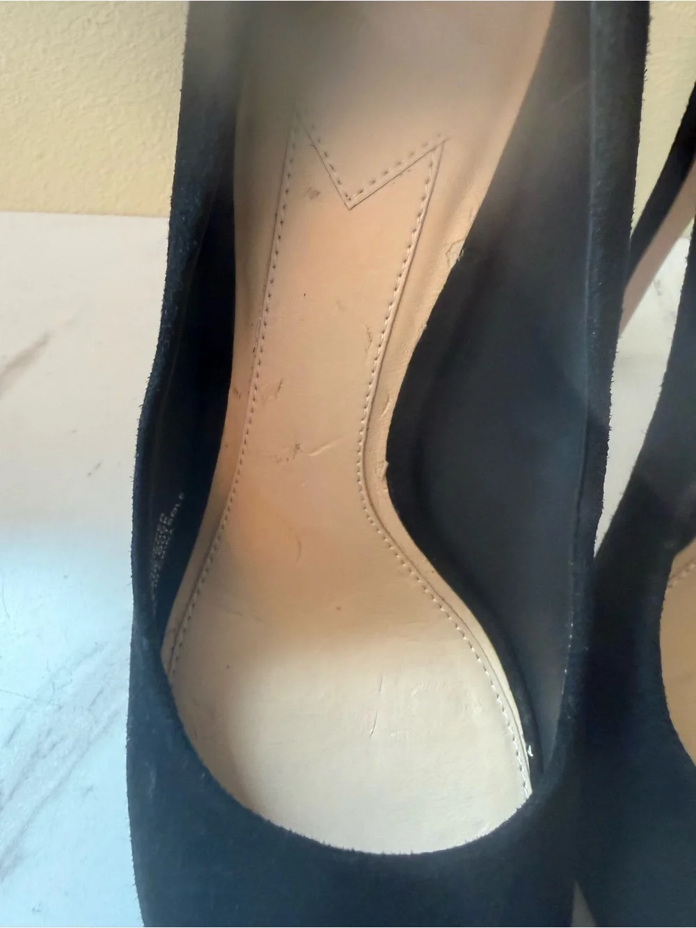 Brian Atwood Raja Black Suede Peep-Toe Platform, Gold Embellishment, EUC, Size 9